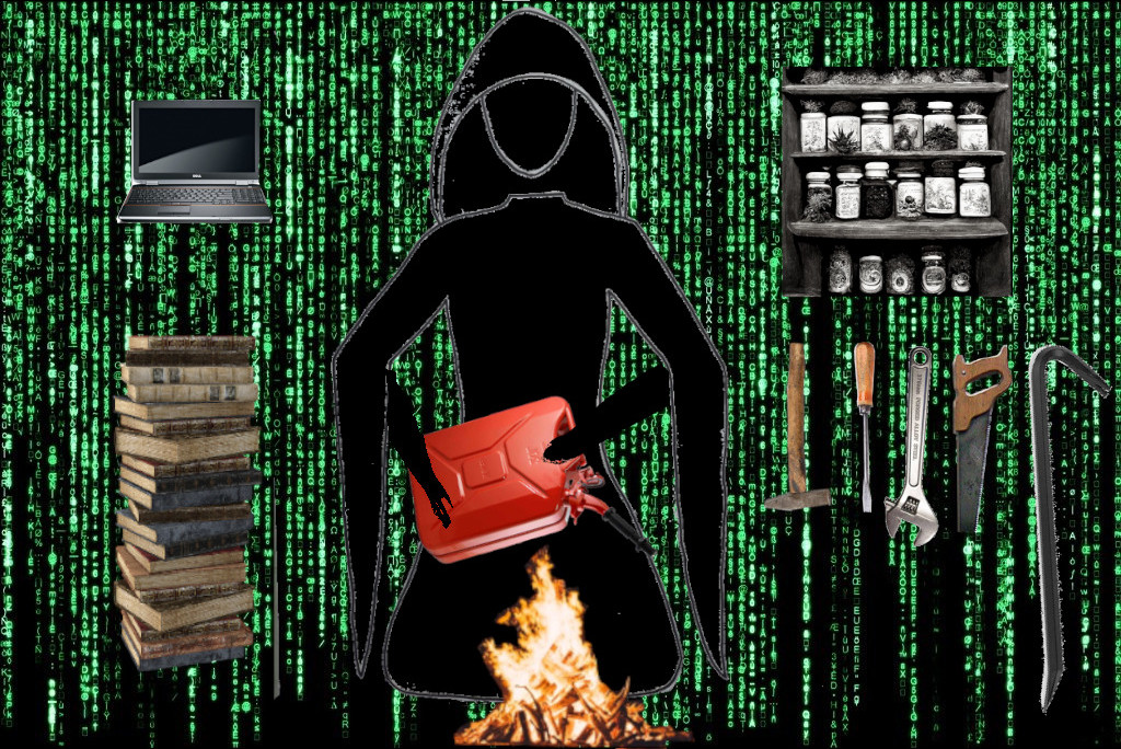 Personnage qui asperge un feu d'essence, entouré d'un ordinateur, d'une pile de livres, de plantes en bocaux et d'outils, et se tenant devant une matrice